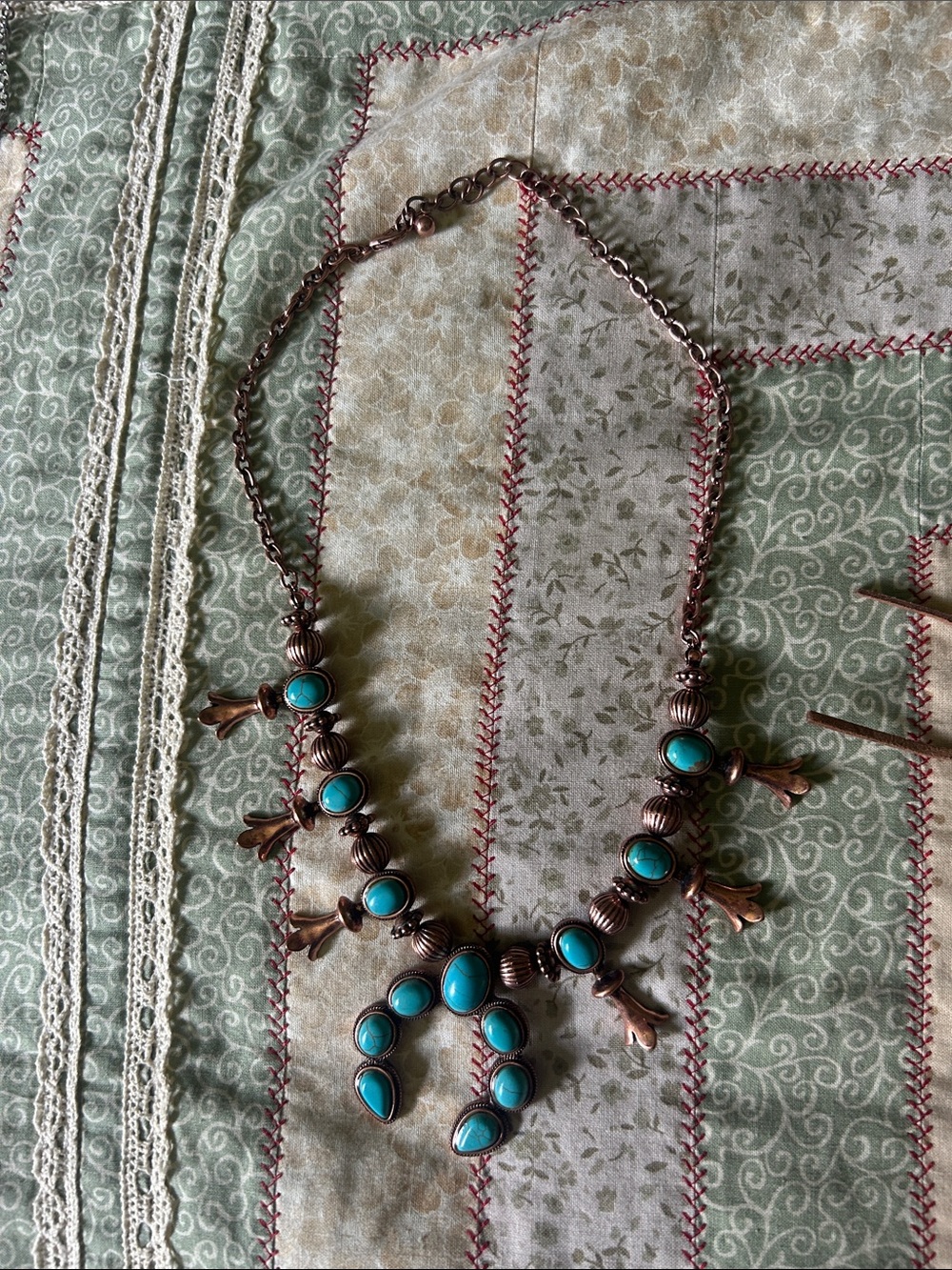 Faux Turquoise Stone Squash Blossom Necklace - Blue Copper-Tone Statement